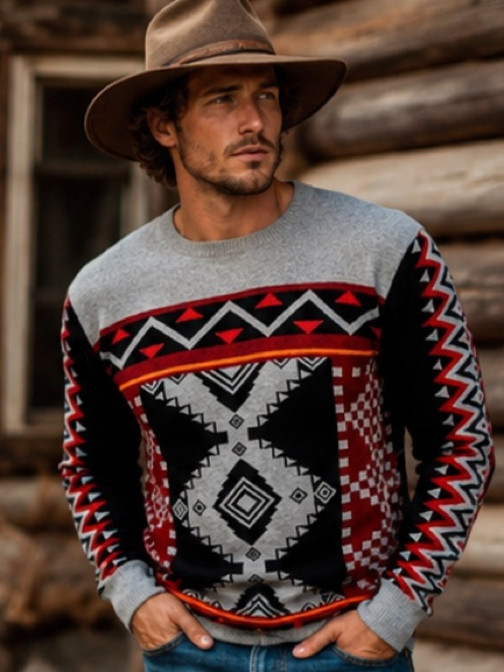 Vintage-Inspired Men’s Empyre Southwest Geometric Knit Crewneck Sweater Size L